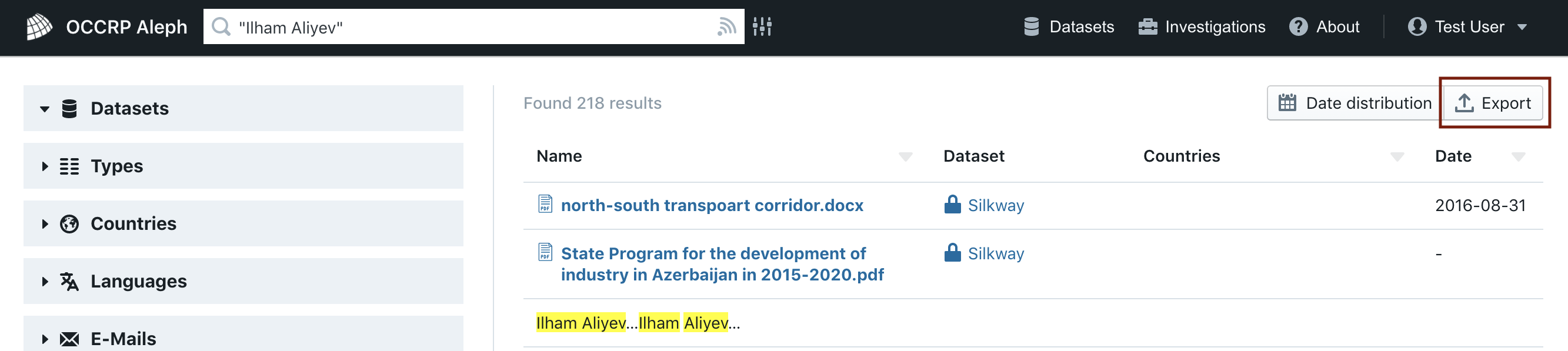 A screenshot of the search results page in Aleph. Above the list of search results, there is a button labeled “Export”. A red marker highlights the button.